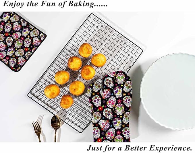 Sugar Skulls Oven Mitts and Pot Holders Sets Flower Texture Hearts Day of The Dead Heat Resistant 3pcs for Cooking Baking BBQ