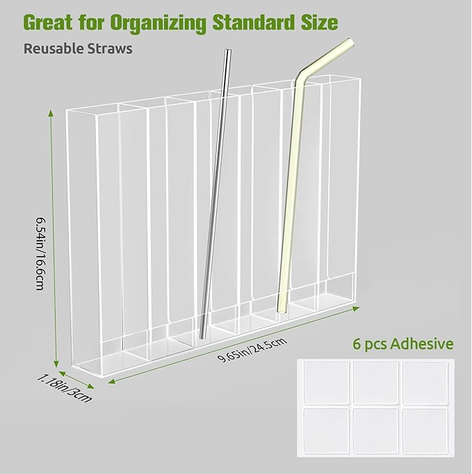 9.6” Large Acrylic Straw Holder for Cabinet Door - 6 compartments, easy to clean, Reusable Tumbler Straw Organizer Storage, Small Kitchen Accessories Container, Ultra Sticky Cupboard Door Mounted