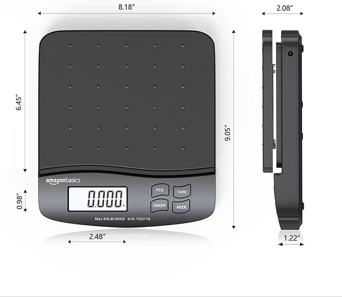 Amazon Basics Digital Postal Shipping Scale with Tare Function, AC Adapter, 65 lb Capacity, 0.1 oz Readability, LCD Display, Black