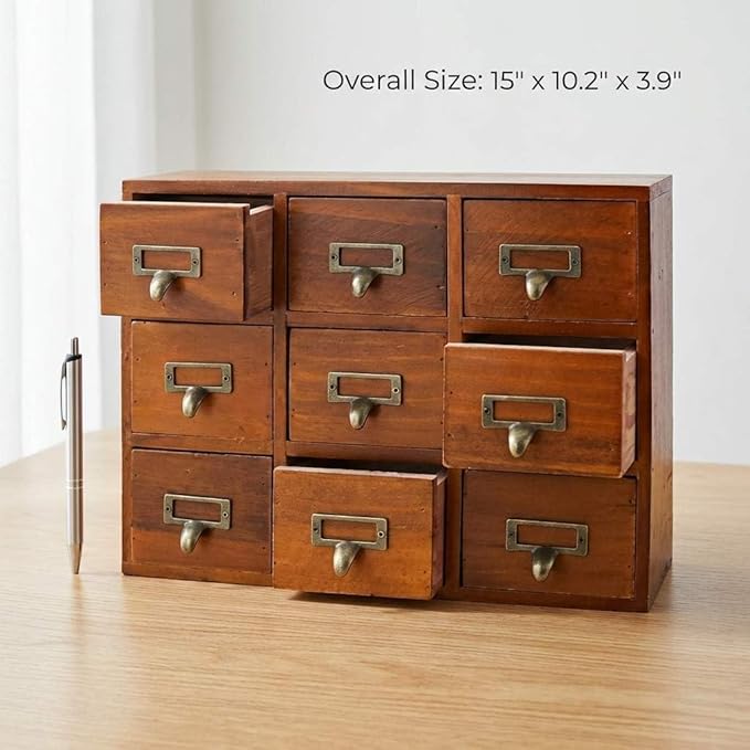 QWORK Desk Drawer Organizer, Wooden Vintage Apothecary Cabinet with 9 Drawers, Home Office & Tea & Dresser Bedroom Organization and Storage, Traditional Apothecary Cabinet