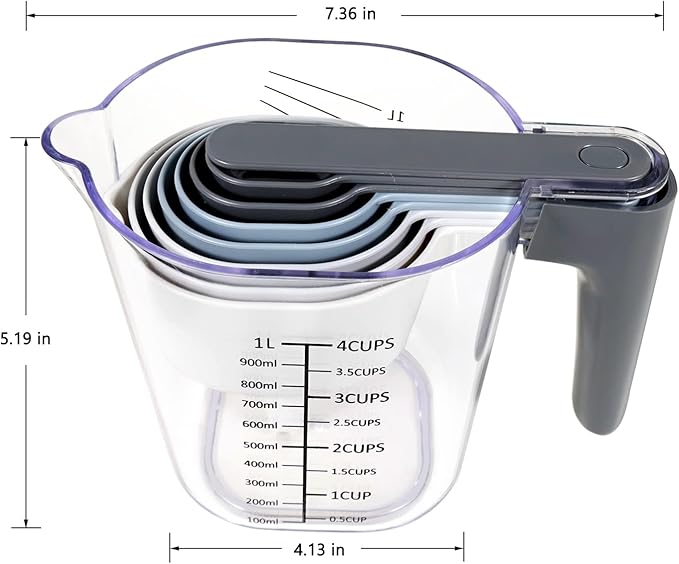 Measuring Cups and Spoons set 10 Pieces, Stackable Measuring Cup with Lid, Kitchen Cooking Baking Measuring Spoons Set for Liquid and Dry, BPA Free, Dishwasher Safe