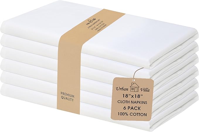 Urban Villa Cloth Napkins White Dinner Napkins Set of 6 (18X18 Inches) 100% Cotton Absorbent Washable Durable Reusable Ideal for Hotel Collection Farmhouse Party Thanksgiving Fall Dinner Napkins