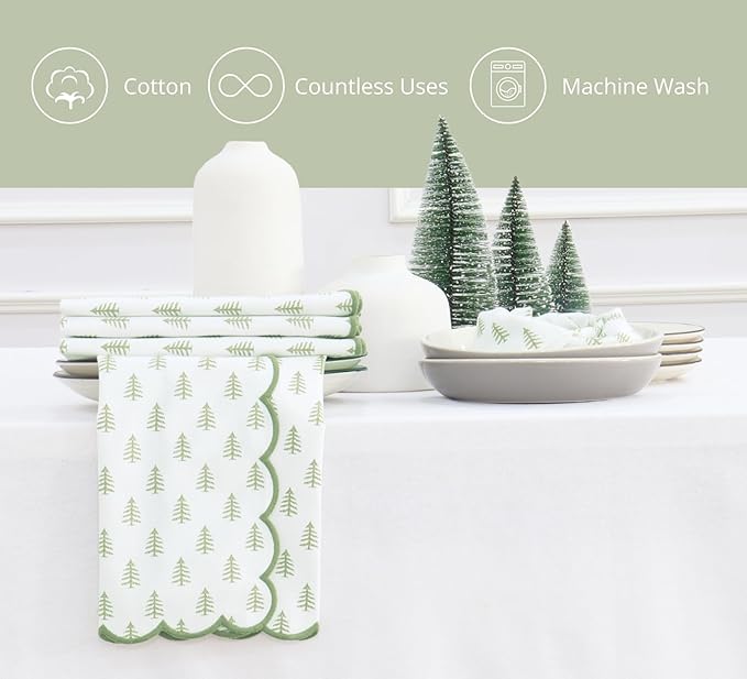 PurpleEssences Scalloped Embroidery Cloth Napkins - Spring Easter Summer - Table Decor - 100% Cotton - Set of 4-18x18 inch - Christmas Tree - Edges - Sage Green