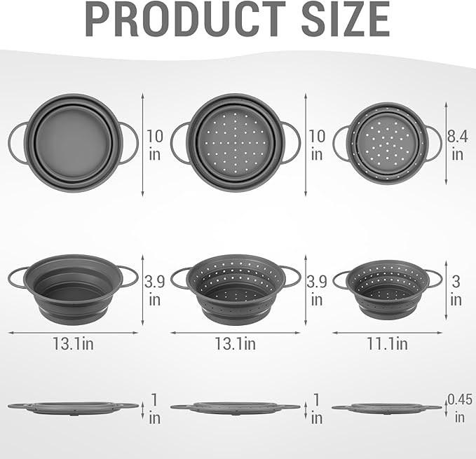 3 Pack Collapsible Colander with Strainer Bowl Set, 11 & 13 In BPA-Free Silicone Colanders for Kitchen, Heat-Resistant Space-Saving Strainer Dishwasher Safe Baskets for Vegetable Fruits(Grey)