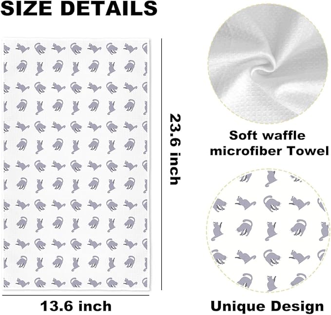 3 Pcs Cute Cat Kitchen Towels, I Love Cats Decorative Absorbent Microfiber Dish Cloth Tea Towel, Waffle Soft Hand Towels for Farmhouse Home Bathroom, Cat Lover Gifts