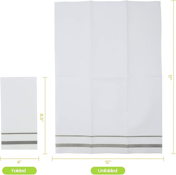 FOCUSLINE 200 Linen Feel Disposable Bathroom Napkins, Soft and Absorbent Paper Guest Towels, Cloth-Like Hand Towels Decorative Paper Napkins for Parties, Weddings, Dinners or Events, Silver, 12" x 17"