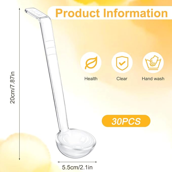 30 Pcs 1 Oz Small Ladle, 7.87 Inch Clear Plastic Long Handle Mini Ladles for Serving Sauce, Soup, Dressing, Punch Bowl, Gravy, Cocktail, Party Catering