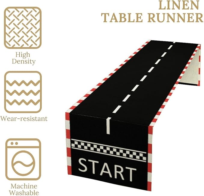 Racetrack Table Runner Racing Theme Art Printed Runner for Home Kitchen Birthday Party Dining Table Living Room Decor Fabric 1 Panel W13xL70in