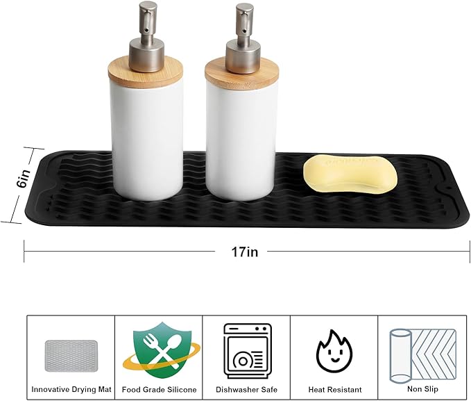 ZLR 2 Pcs Silicone Sponge Holder & Sink Caddy Tray (6" x 17") - Narrow Dish Drying Mat for Kitchen Counter - Waterproof Soap Dispenser Organizer, Non-Slip Bathroom Vanity Tray (Black)