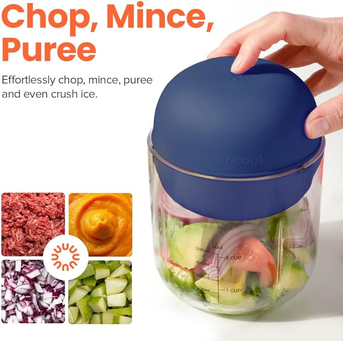 Nutricook Choppi Cordless Electric Vegetable Chopper & Mini Food Processor for Dicing, Shredding, Mincing, and Puree, Portable and Rechargeable, 2-Cup, 500 mL, 4000 mAh Battery, Blue