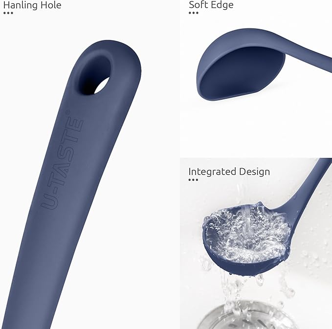 2.6oz Small Silicone Soup Ladle: U-Taste 600ºF Heat Resistant Non-Stick Kitchen Deep Serving Spoon, Soft Cooking Utensil with Non-Slip Solid Handle for Mixing Sauce Stew Gravy (11in, Midnight Blue)