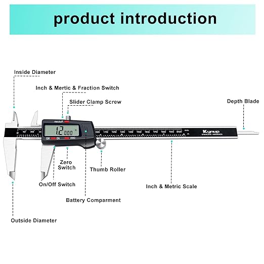 Kynup Digital Caliper, 8 Inch Micrometer Caliper Tool, Vernier Caliper Gages with Stainless Steel Body, Large LCD Screen, Auto - Off Feature, Inch Metric Fraction Conversion (200mm)