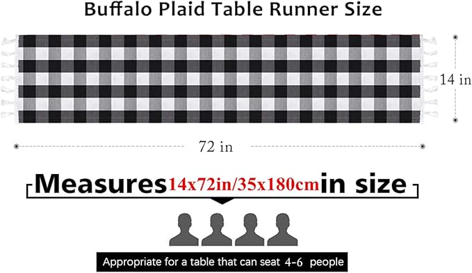 DUOBAO Buffalo Plaid Table Runner with Tassels 14x72-Inch Checked Linen Cotton Picnic Tables Overlay Rectangle Tablecloths Farmhouse Decor Gingham Runners Black and White
