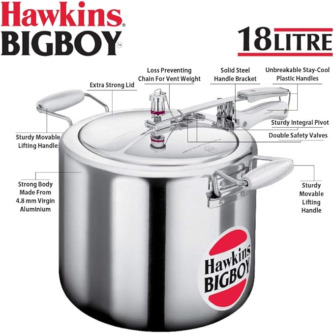 Hawkins 18 Litre Bigboy Pressure Cooker, Big Inner Lid Cooker, Silver (BB18), Aluminium