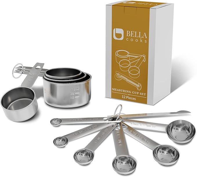 Stainless Steel Measuring Cups and Spoons Set 12 Piece Stackable Baking & Cooking Gadgets for Dry and Liquid Ingredients,Nesting Cups, Engraved Markings & Leveler,Dishwasher Safe Kitchen Tools