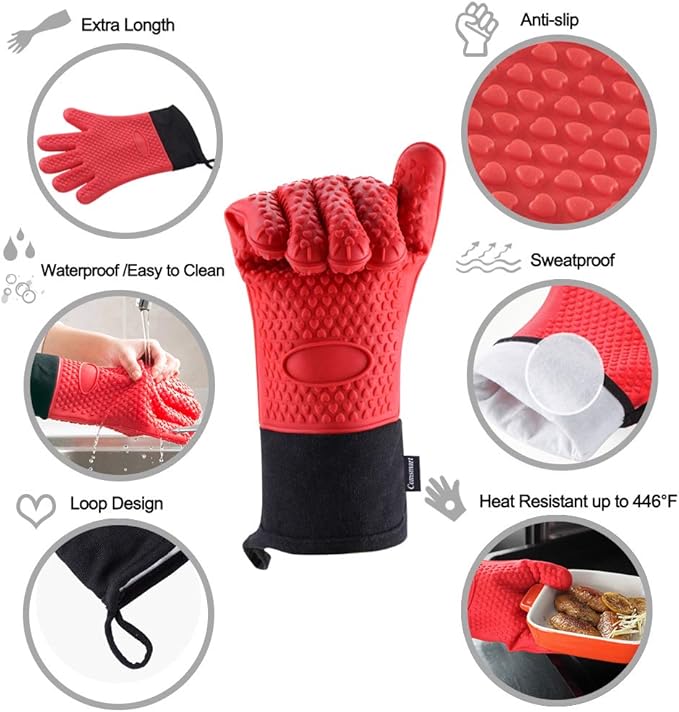 Comsmart BBQ Gloves, Heat Resistant Silicone Grilling Gloves, Long Waterproof BBQ Kitchen Oven Mitts with Inner Cotton Layer for Barbecue, Cooking, Baking, Smoker(Red)
