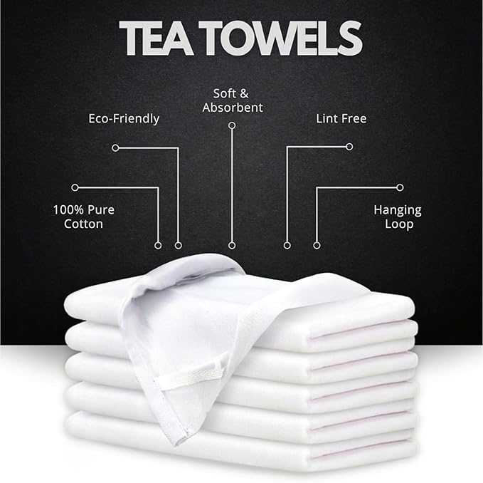 Harringdons 100% Cotton Kitchen Towels, Highly Absorbent Dish Towels for Kitchen with Hanging Loop, Large 20"x28" Washable Towels, Pure White, 6 Pack