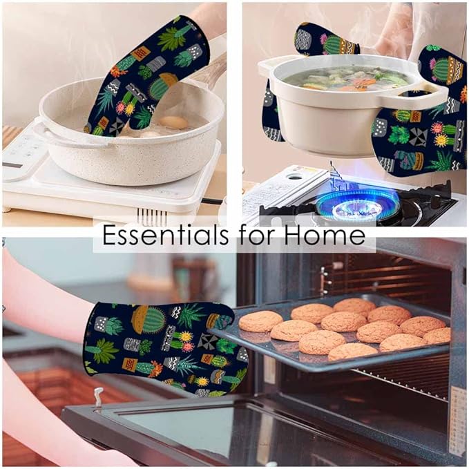Cactus Oven Mitts and Pot Holders Sets Succulents Potted Plant Garden Nature Heat Resistant 3pcs for Cooking Baking BBQ
