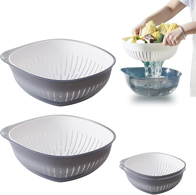 Colander Bowl Set of 2, Nesting Large Capacity Plastic Food Strainer for Pasta, Vegetables and Fruits Washing Draining Basket, Space Saving, BPA Free