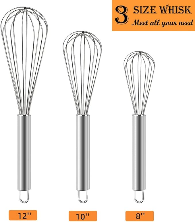 Polly Online Stainless Steel Whisk Set, 3 Packs Balloon Whisk for Cooking, Whisking, Blending (8",10",12")