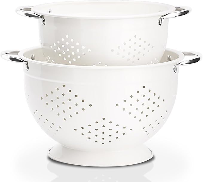 Rorence Powder Coated Steel Colanders: 3 Quart and 5 Quart Set of 2 - White