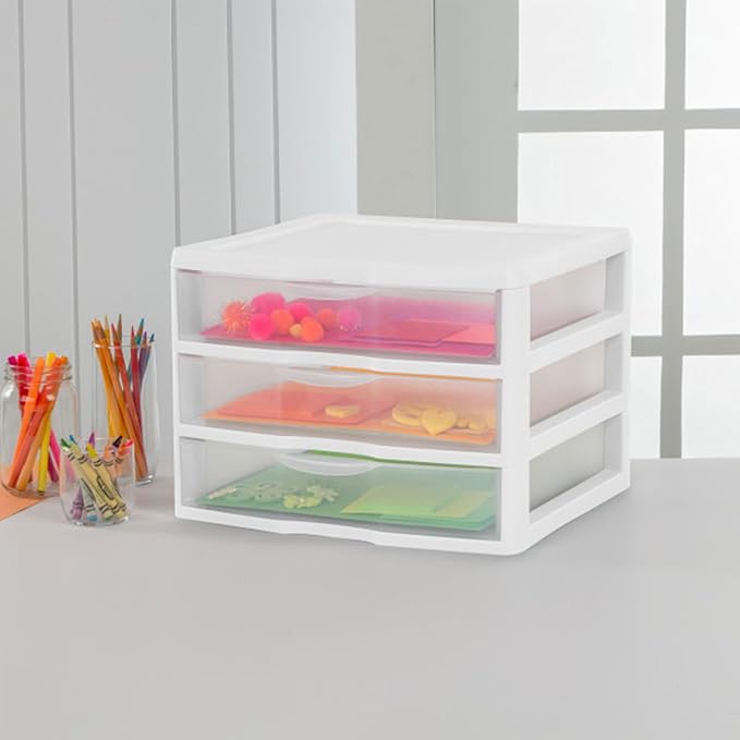 Sterilite 3-Pack Wide 3 Drawer Unit, Plastic Desktop Organizer with Clear Drawers, White Frame - Stackable Multi-Purpose Storage for Office Supplies, Craft Rooms, Classrooms and Home Organization