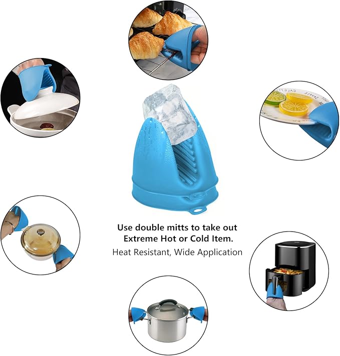 3 Pairs Oven Mitts Silicone Pot Holders Set Heat Resistant for Kitchen - Mini Silicone Oven Gloves Small Mittens Short Grips for Cooking & Baking, Blue