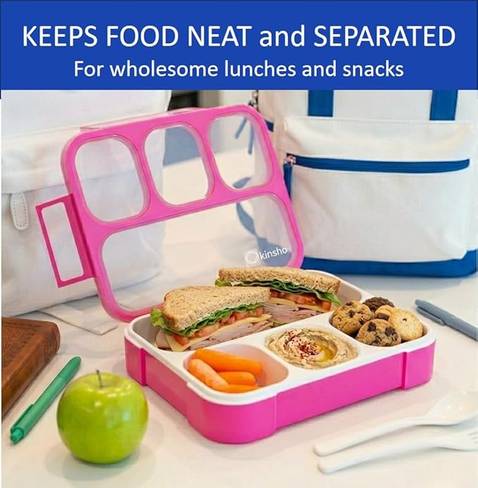 Bento Lunch-Box For Kids And Adults: Lunch Boxes With 4 Sealed Compartments, Divided Containers For Boys Girls Women Men - School Work Portion Container, Utensils, Blue + Rose Pink 2 Pack Set