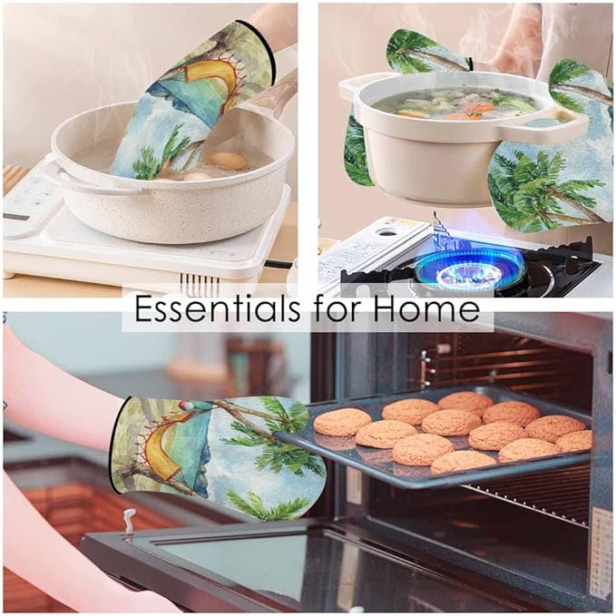 Summer Beach Oven Mitts and Pot Holders Sets Tropical Palm Tree Hammock Heat Resistant 3pcs for Cooking Baking BBQ