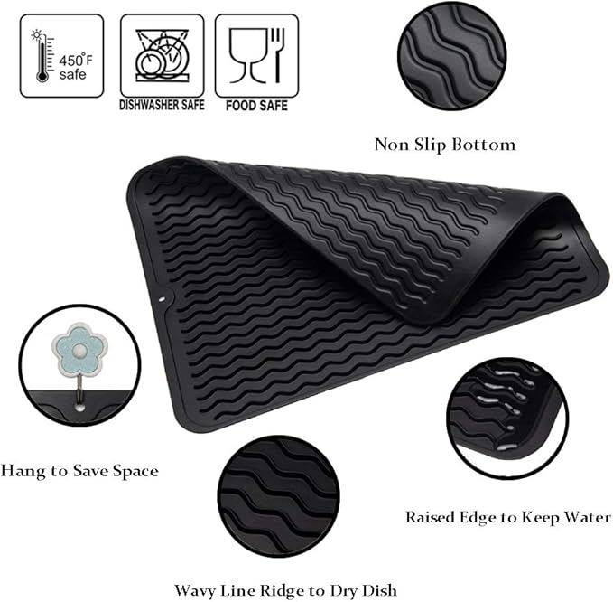 ZLR 2 Pcs Silicone Dish Drying Mat & Heat Resistant Trivet (12" x 16") - Waterproof Counter Protector for Coffee Maker - Non-Slip, BPA Free Kitchen Pad, Easy Clean Dishwasher Safe (Black)