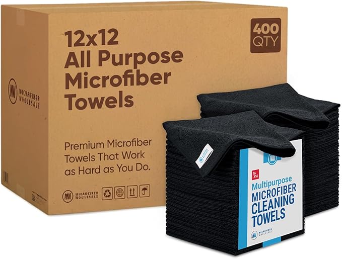 Bulk 16" x 16" All Purpose Microfiber Towels Wholesale - Case Quantity (200 Count) | Large | No Fraying | High Density Microfiber | Zero Chemical Cleaner | Long-Lasting (Black)