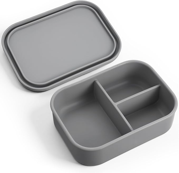 Layhit 1 Pcs Silicone Bento Box for Adults, 27 oz Bento Lunch Container Reusable 3 Compartment Lunchable Food Container for Women Men, Leak Proof Microwave Dishwasher Freezer Safe (Dark Gray)