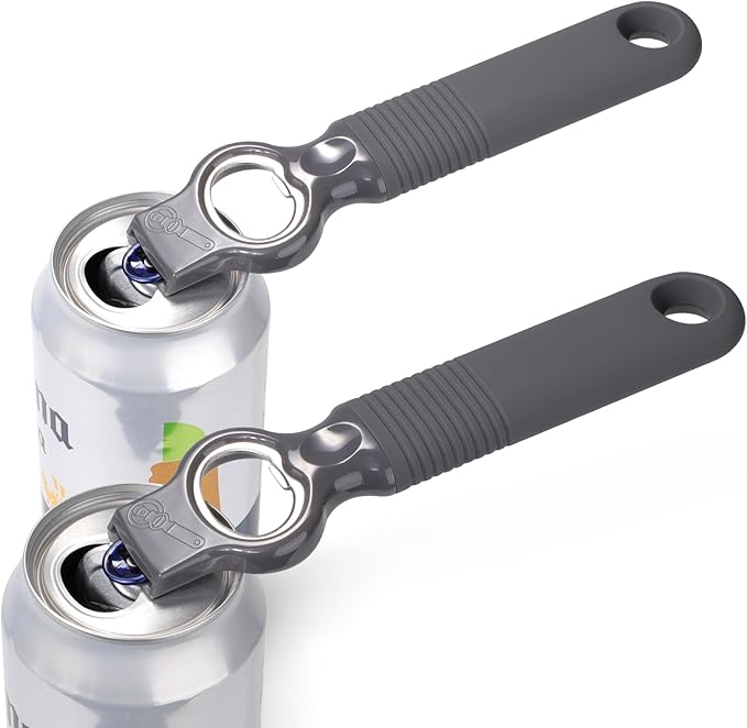 2-Pack Soda Can Opener and Beer Bottle Opener Bartender with Good Grip Silicone Handle, Pop Top Can Tab Opener for Long Nails, Bottle Opener for Arthritic Hand and Seniors, Gray