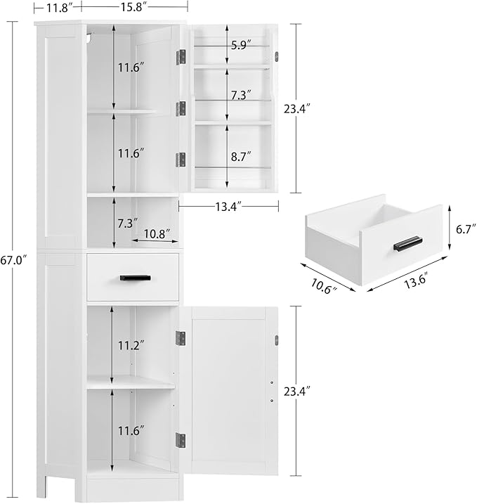TEENFON 67" H Tall Storage Cabinet with 2 Doors, Bathroom Storage Cabinet, Kitchen Pantry Cabinets for Living Room, Dining Room, Bathroom, White