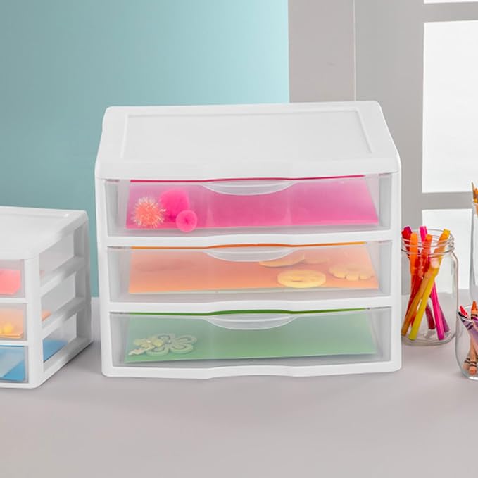 Sterilite 3-Pack Wide 3 Drawer Unit, Plastic Desktop Organizer with Clear Drawers, White Frame - Stackable Multi-Purpose Storage for Office Supplies, Craft Rooms, Classrooms and Home Organization