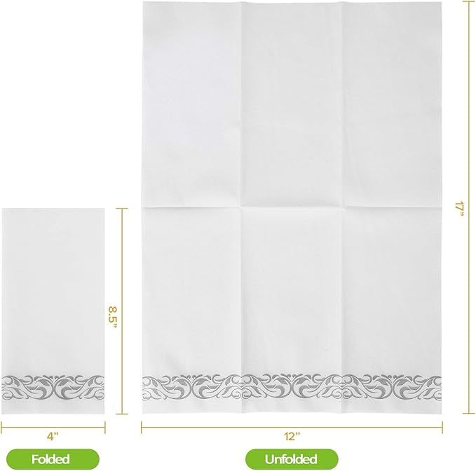 FOCUSLINE 200 Linen Feel Disposable Bathroom Napkins, Soft and Absorbent Paper Guest Towels, Cloth-Like Paper Hand Towels Decorative Napkins for Parties, Weddings, Dinners or Events, Silver, 12" x 17"