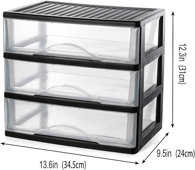 BYCY Medium 3 Drawer Plastic Clear Stacking Desktop Organizer for Office Supplies, Stackable Storage Drawers Storage Bins For Kitchen Cabinets, Pantry, Home Organization (Black, Medium 3Drawer)