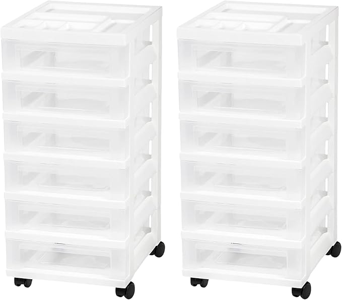 IRIS USA Plastic Drawer Storage Organizer Rolling Cart, 2-Pack, with Wheels Casters, 6-Drawers, for Classroom Art Craft Supplies Dresser Closet Bathroom Laundry Room, White/Clear