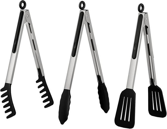 HST Tongs for Cooking with Silicone Tips(3 Pack), Non Stick Kitchen Tongs with Silicone Tip for Cooking BBQ Baking (12", Black)