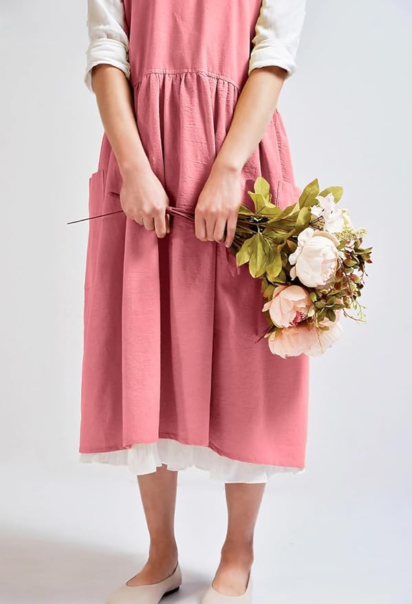 Uaussi Cotton Linen Apron Cross Back Work Apron for Women with Pockets Pinafore Dress X Cross Halter Apron for Chef Gardening