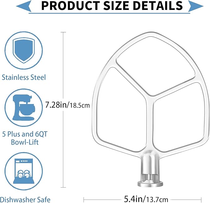 Stainless Steel Flat Beater Attachment Compatible with KitchenAid 5 Plus -6QT Mixer Bowl Lift Stand Mixer, Quick Kneading of Bread, Pasta, Cookies, Pizza, Etc. Dishwasher Safe