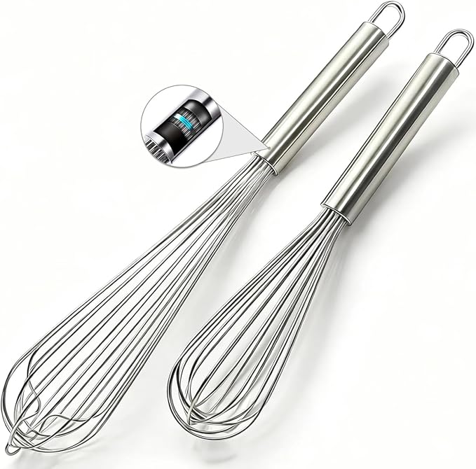 18/10 Stainless Steel Large Whisk Set of 2, 15.5 inch Heavy Duty Long Whisk and 12 inch Whisks, Suitable for Deep Pots or Big Bowl, Mixing, Beating, Blending