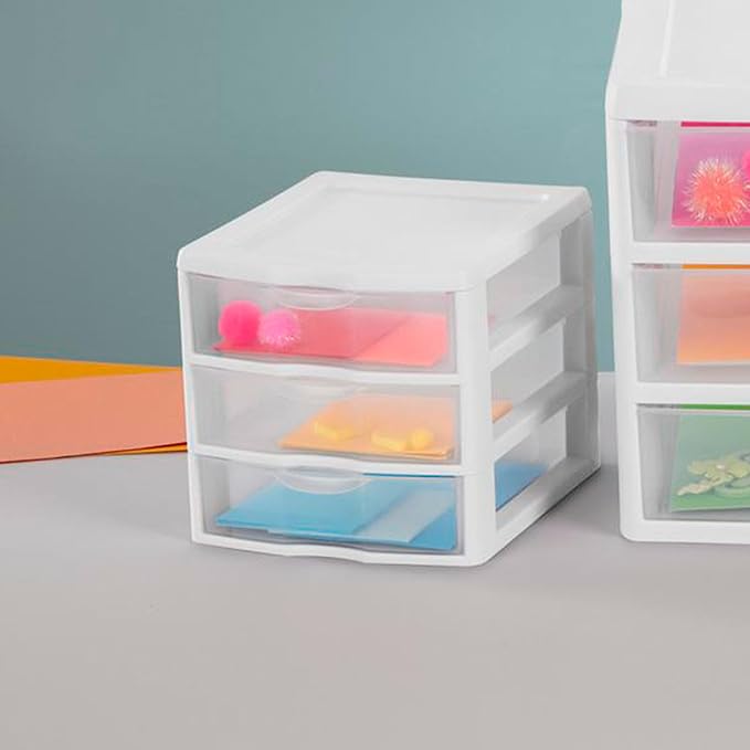 Sterilite 12-Pack ClearView 3-Drawer Cart, Small Plastic Storage Organizer Drawers, White - Organizing Drawer Containers for Bathroom, Closet, Kitchen, and Bedroom