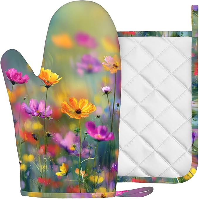 Retro Colorful Flowers Oven Mitts and Pot Holders Sets Boho Floral Non-Slip Silicone Surface for BBQ Gloves,Kitchen,Cooking,Baking,Grilling