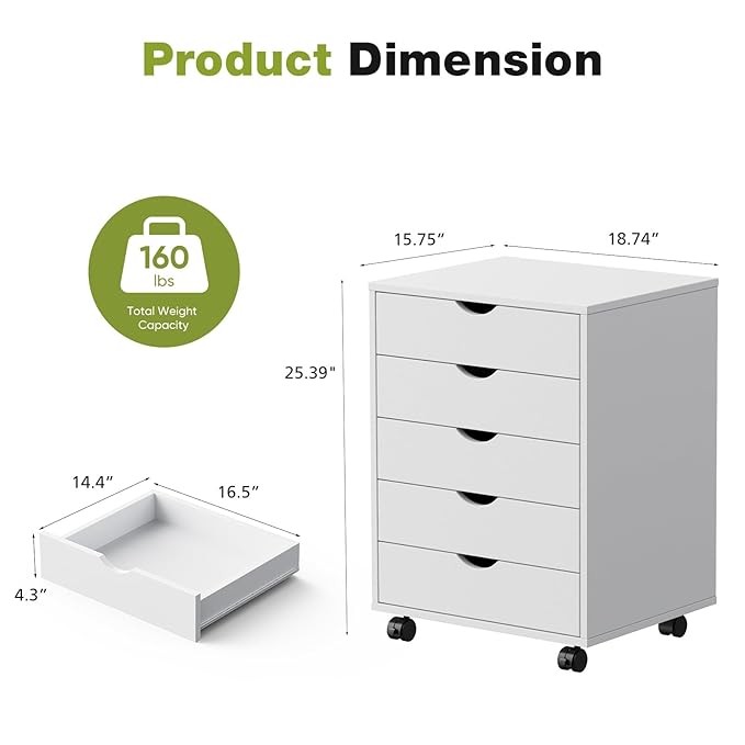 Sweetcrispy 5 Drawer Chest Mobile Storage Cabinets Small Wooden Dresser with Wheels Room Organization Furniture for Office Home, White Wood