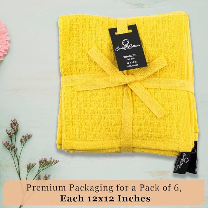 DishCloths Kitchen|Waffle Terry Check Weave Hand Towels|Cotton 12x12" Reusable Dish Rags Washing Scrub Cleaning Dishes|Dish Bar Mop Towels Hand Wipes|Spring Easter Basket Decor|6 Pc -Lemon Yellow