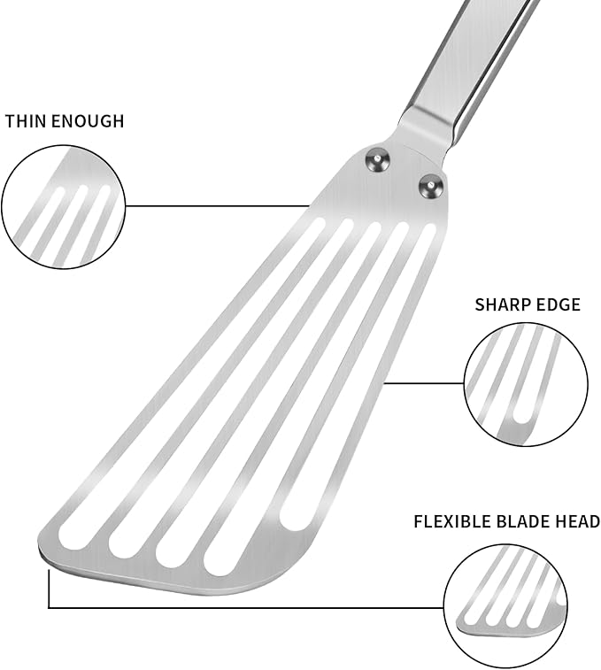 KSENDALO Stainless Steel Fish Spatula Set of 2- Metal Thin Slotted Turner for Kitchen Cooking, Flexible Egg Flipper with Blade with Riveted Handle for Cooking, Hollow Grip Design