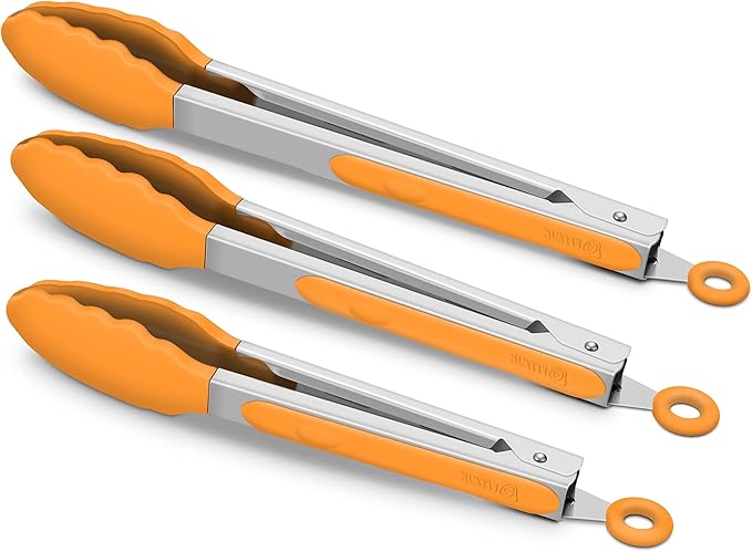 3 Pack Orange Kitchen Tongs, Premium Silicone BPA Free Non-Stick Stainless Steel BBQ Cooking Grilling Locking Food Tongs, 9-Inch 10-Inch & 12-Inch
