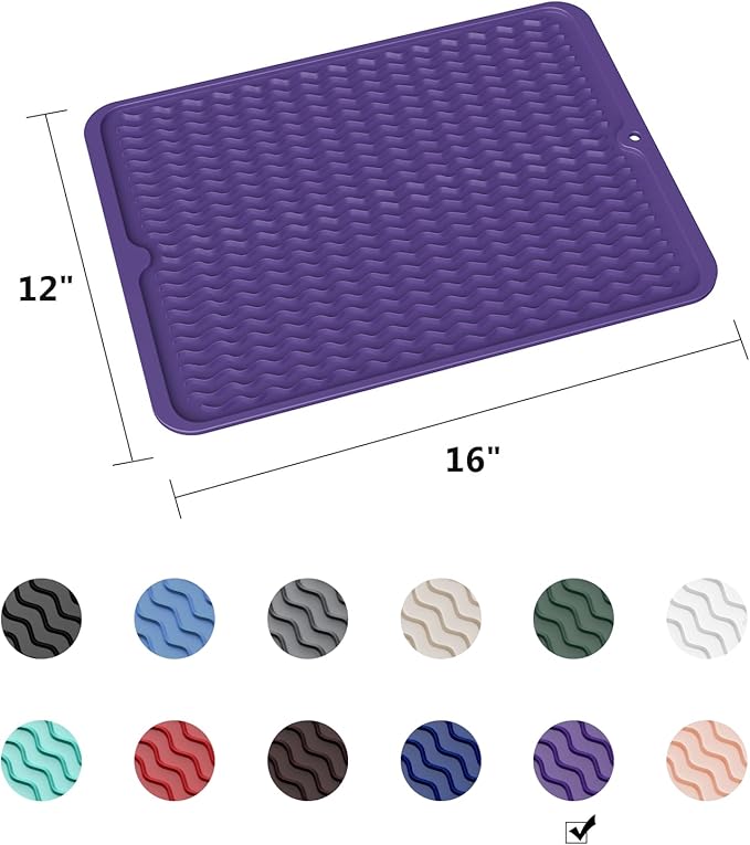 ZLR Silicone Dish Drying Mat & Heat Resistant Trivet (12" x 16") - Waterproof Counter Protector for Air Fryer, Coffee Maker - Non-Slip, BPA Free Kitchen Pad, Easy Clean Dishwasher Safe (Meadow Violet)