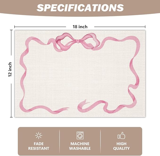 Pink Bow Linen Placemats Set of 4, Wedding Waterproof Washable Heat Resistant Place Mats 12x18 Inch, Table Mat for Restaurant Outdoor Indoor Home Kitchen Party Dining Decoration-10